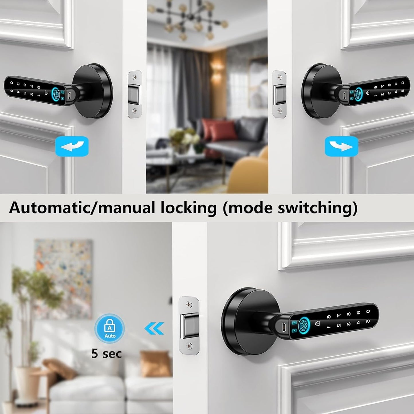Fingerprint Door Lock- Smart Door Knob,Biometric Door Lock,With Passcode Keypad Keyless Entry Door Handle,For Bedroom Home Hotel Office Apartment (Black with APP)