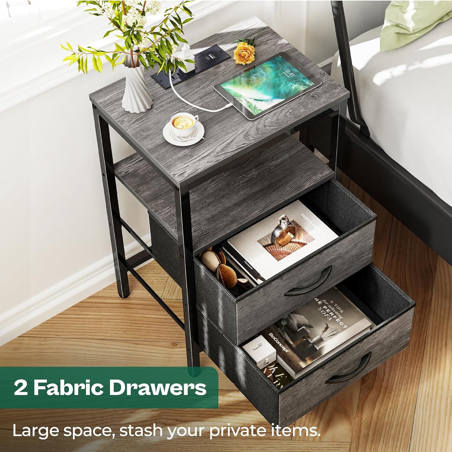 Nightstand with Charging Station, Side Table with Fabric Drawers, End Table with Open Shelf, Bedside Table with USB Ports and Outlets, Night Stand for Bedroom, Gray