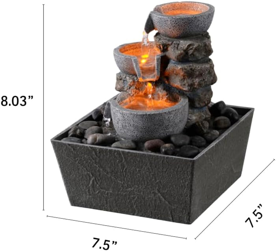 Decorative Indoor Fountain 3-Bowl Rockery Soothing Sound Tabletop Fountains Home/Office Decor with Led Light/Some Cobblestones(1556A)