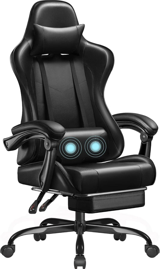 Gaming Chair, Video Game Chair with Footrest and Massage Lumbar Support, Ergonomic Computer Chair Height Adjustable with Swivel Seat and Headrest (Dark Black)