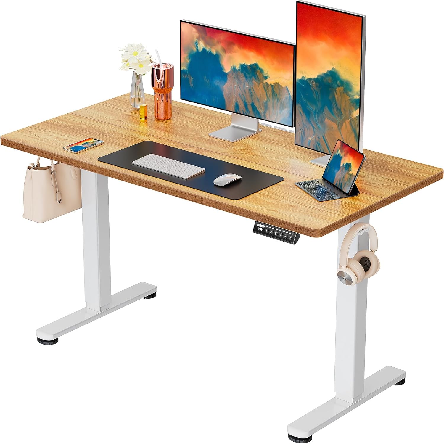 Height Adjustable Electric Standing Desk, 48 X 24 Inches Sit Stand up Desk, Memory Computer Home Office Desk with Splice Board (White)